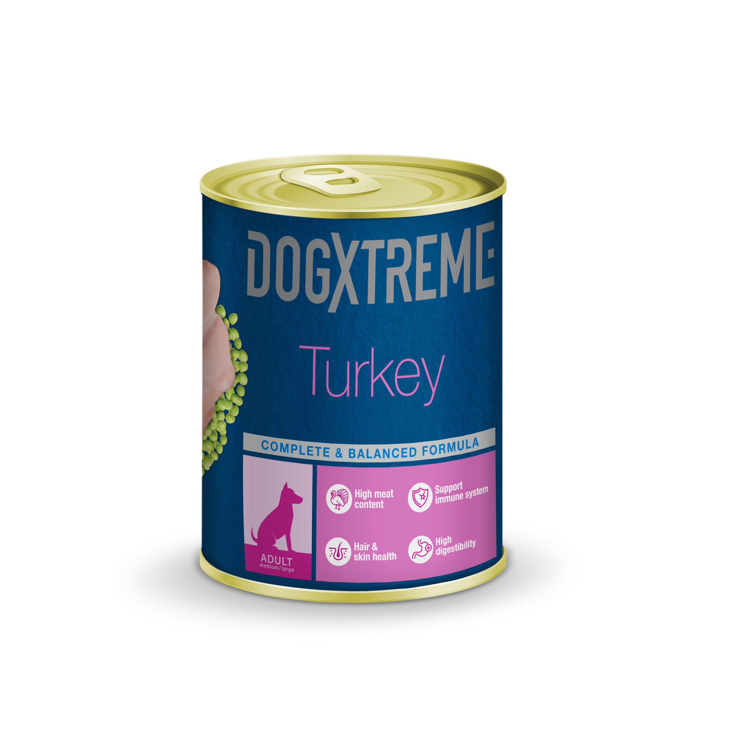 Dogxtreme Dog adulto lata de pavo con guisantes alimento húmedo para perros 400 GR