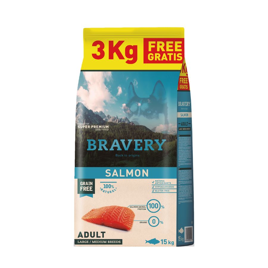 Bravery salmón adult alimento para perro 12+3 KG, , large image number null